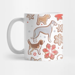 Catching ice and sweetness // spot // white background gingerbread white brown grey and dogs and snowflakes neon red details Mug